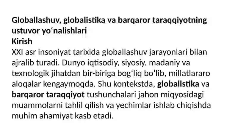 Globallashuv, globalistika va barqaror taraqqiѐtning ustuvor yo’nalishlari mavzusida esse tayѐrlash va uning taqdimotini o’tkazish 2