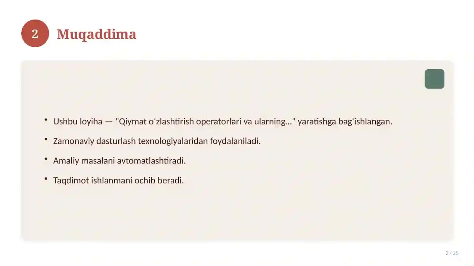 Qiymat o‘zlashtirish operatorlari va ularning ishlash usullari 2