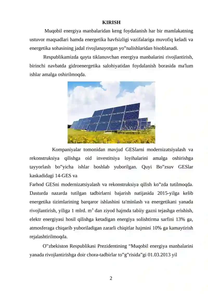 ELEKTR ENERGIYASINI ISHLAB CHIQARISH (MUQOBIL ENERGIYA MANBALARI) 2