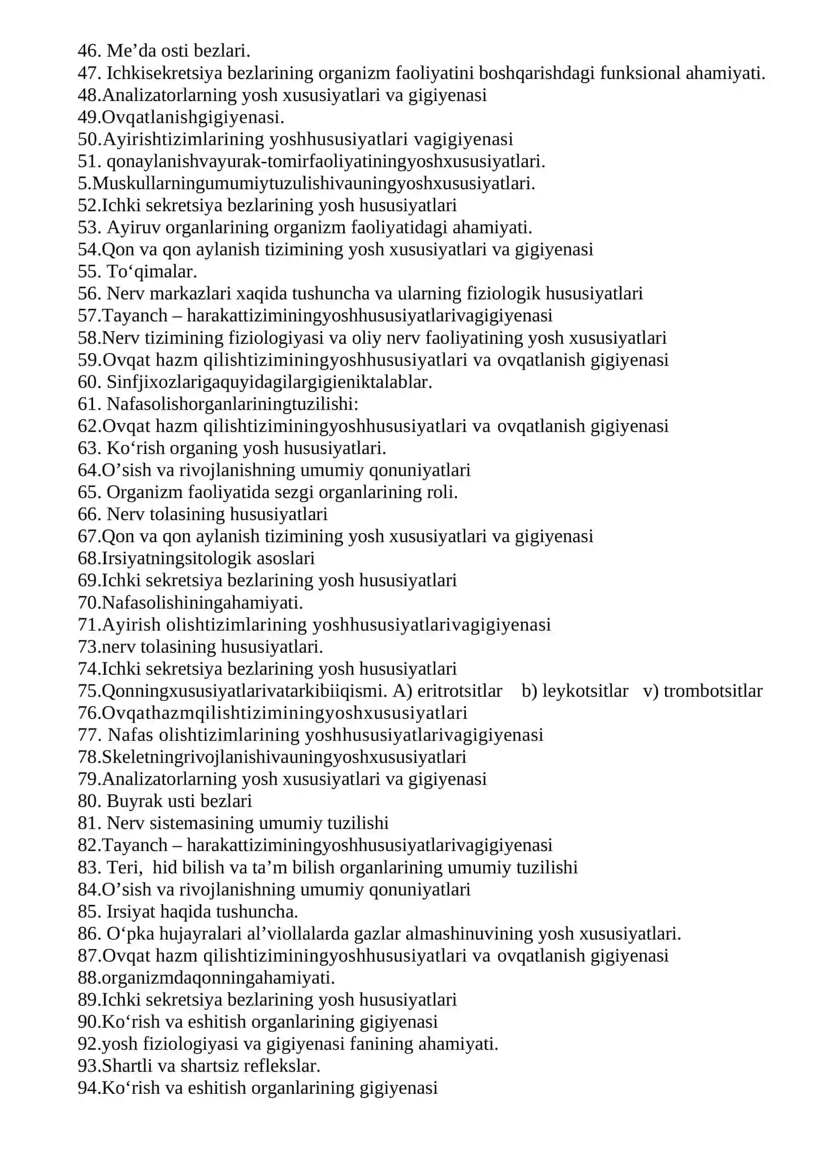Yoshlar fiziologiyasi fanidan oraliq nazorat savollari 2