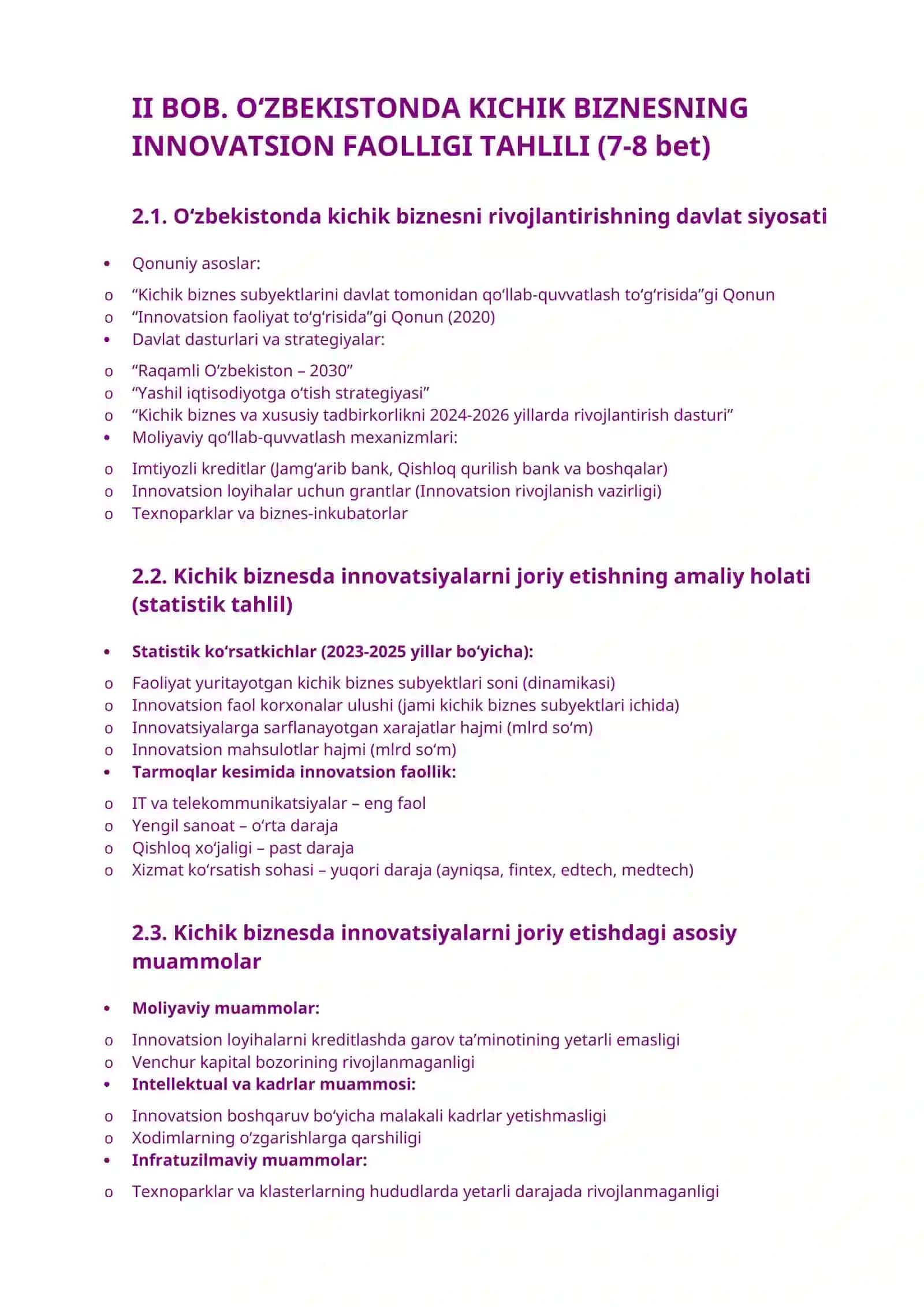 BOB. KICHIK BIZNES VA INNOVATSIYALARNING NAZARIY ASOSLARI 2