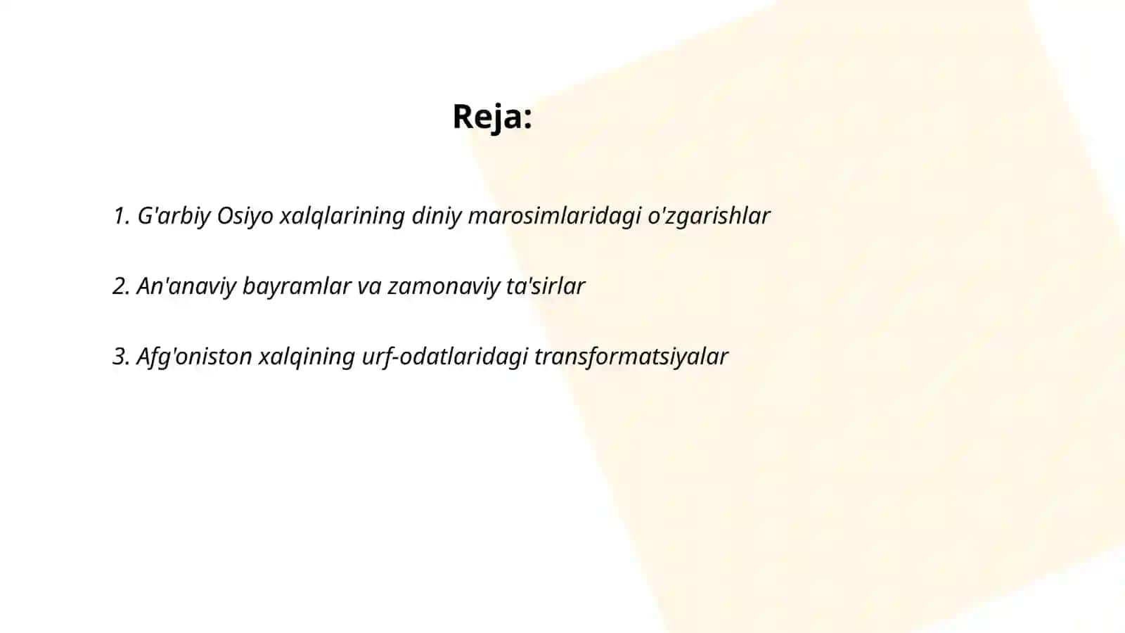 Ma’naviy madaniyatdagi transformatsiyalar (xalqlarning urf-odatlari va marosimlarida ro‘y bergan o‘zgarishlar xususida referat tayyorlash) 2