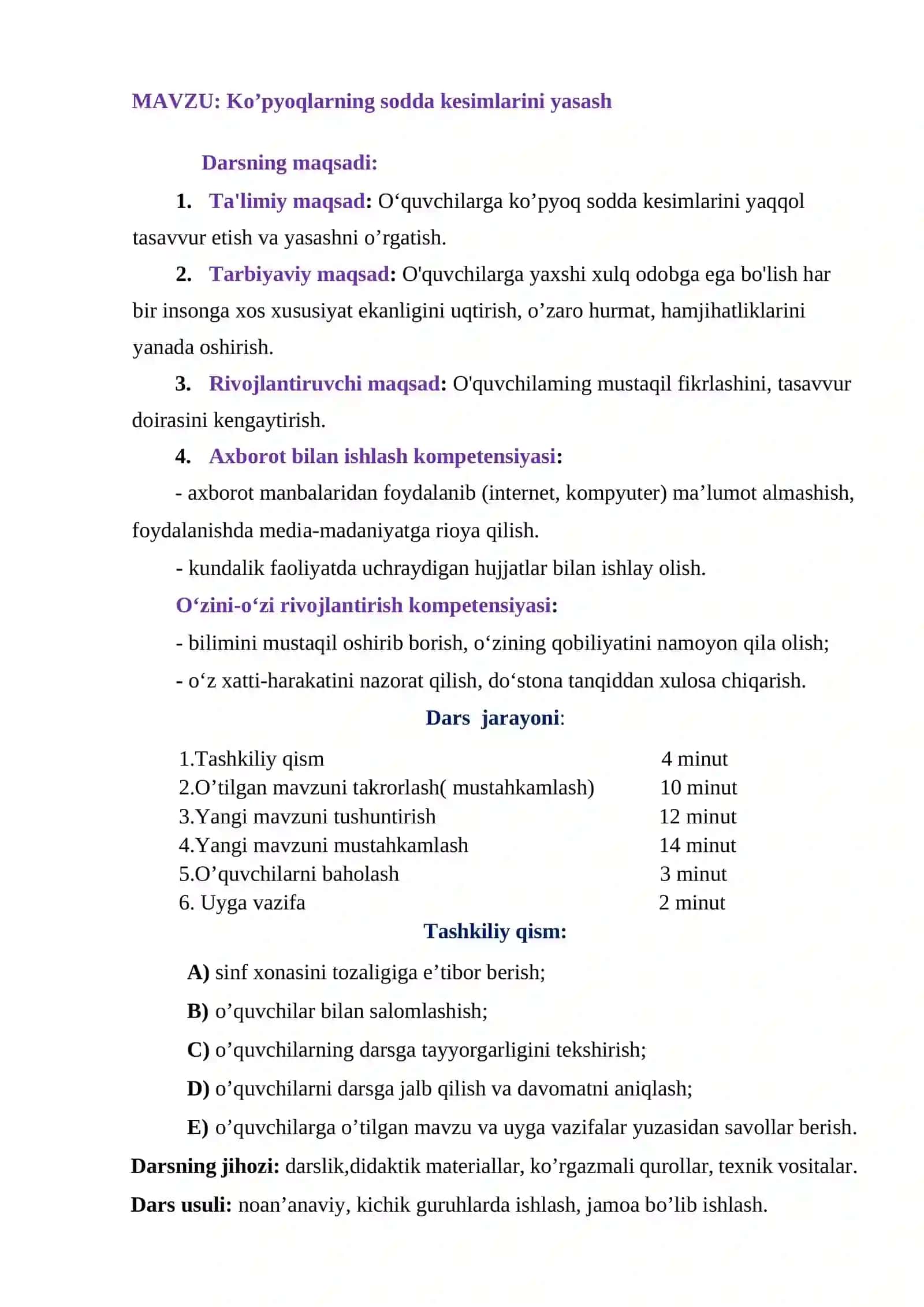 10-sinf Geometriya fanidan Ko'pyoqlarning sodda kesimlarini yasash ochiq dars ishlanma 2