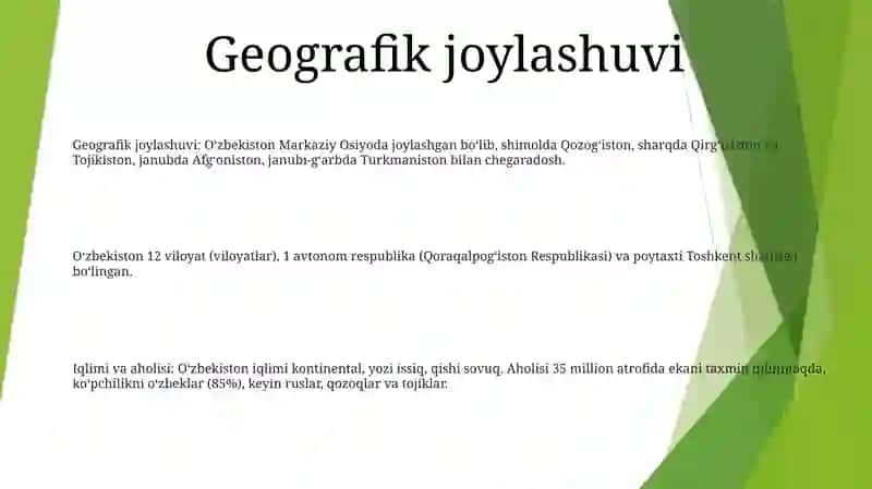 Ozbekiston Respublikasi Geografik Orni Hududiy Bolinishi Iqlimi Va Aholisi 2