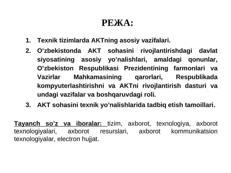 TEXNIK TIZIMLARDA AXBOROT TEXNOLOGIYALARI FANIGA KIRISH 2