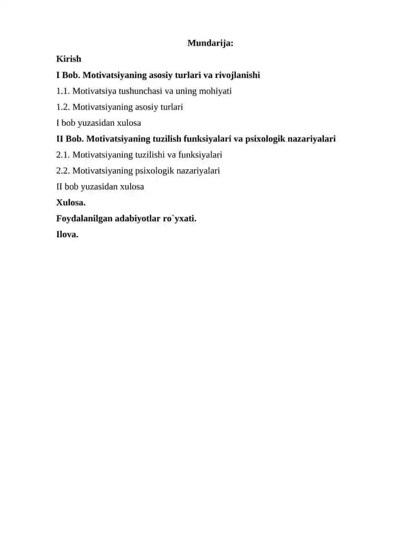Mativatsiyaning asosiy turlari va rivojlanishi. Motivatsiyaning tuzilish funksiyalari. Motivatsiyaning psixologik nazaryalari 2