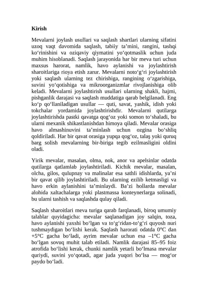 Mеvalarni jоylash usullari va saqlash shartlari. 2