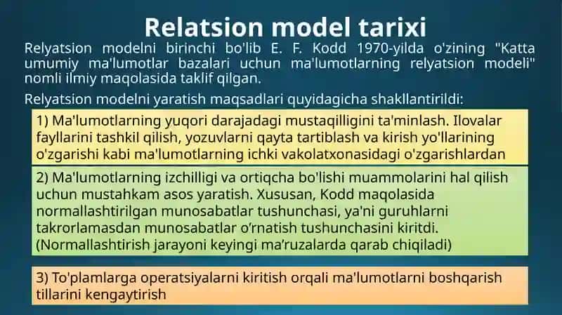 6-MA’RUZA.MA’LUMOTLAR BAZASINI BOSHQARISH TIZIMLARI DARELATSION MODEL VA UNING ASOSIY TERMINOLOGIYASI 2