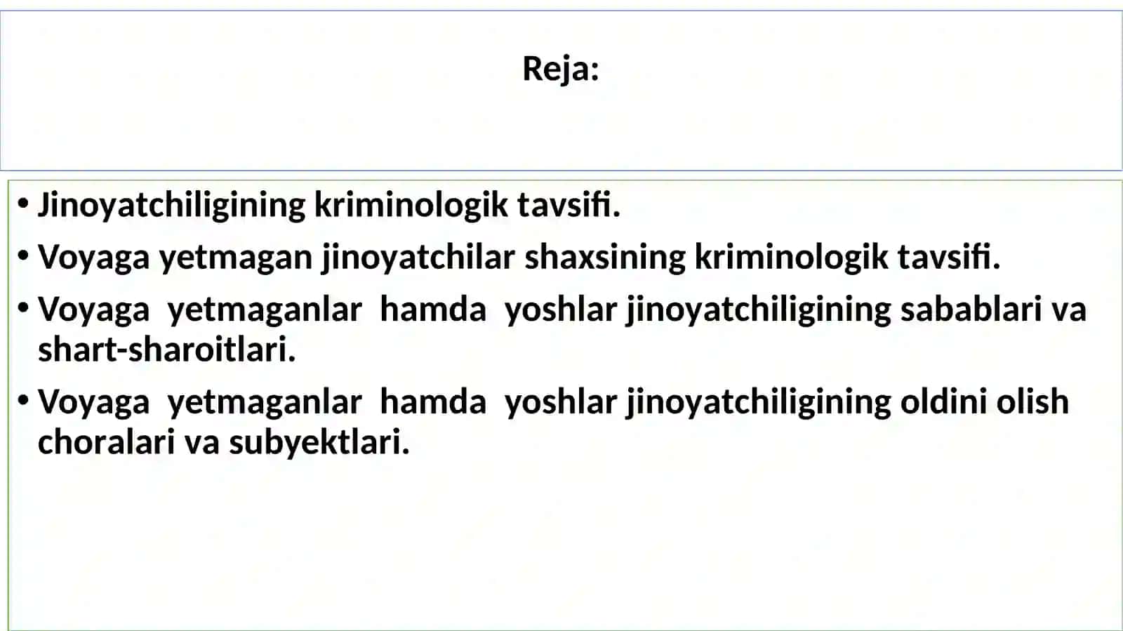 VOYAGA YETMAGANLAR VA YOSHLAR JINOYATCHILIGINING KRIMINOLOGIK TAVSIFI VA OLDINI OLISH 2