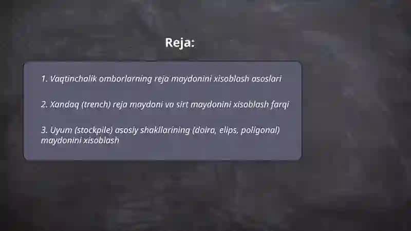 Vaqtinchalik omborlar, xandaq va uyumlar maydonini xisoblash 2