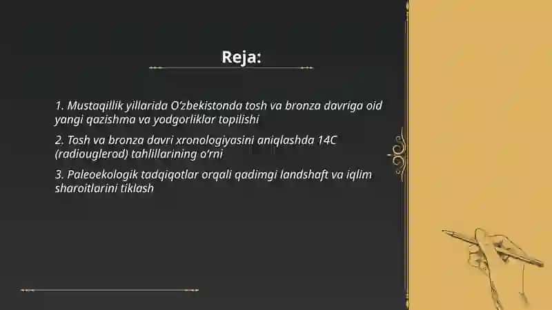 Mustaqilik yillarida Õzbekiston tosh va jez davri arxeologiyasining yutuqlari 2