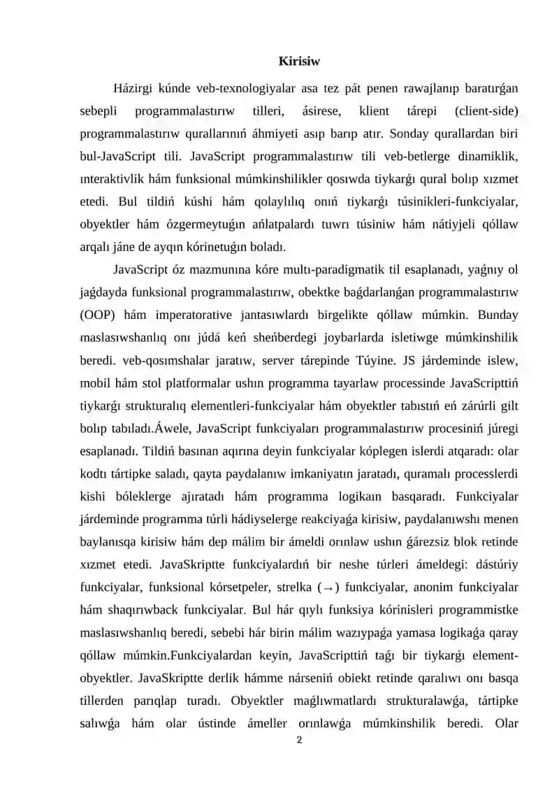 JavaScript funktsiyalar hám obyektleri 2