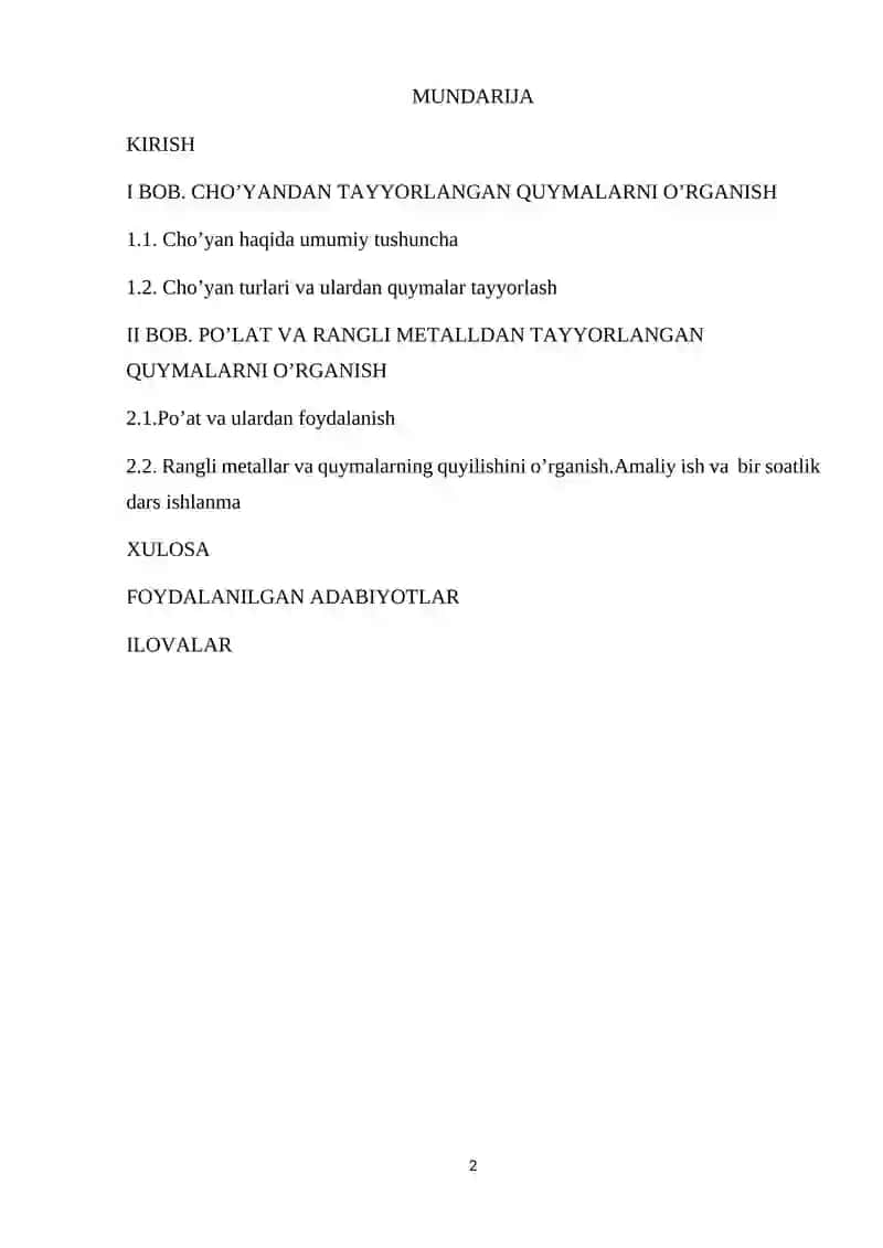 "Cho’yan, po’lat va rangli metalldan tayyorlangan quymalarni o’rganish" 2