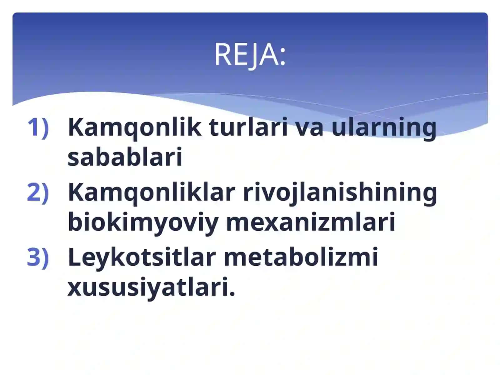 Kamqonlik turlari va sabablari. Kamqonliklar rivojlanishining biokimyoviy mexanizmlari. Leykotsitlar metabolizmi xususiyatlari 2