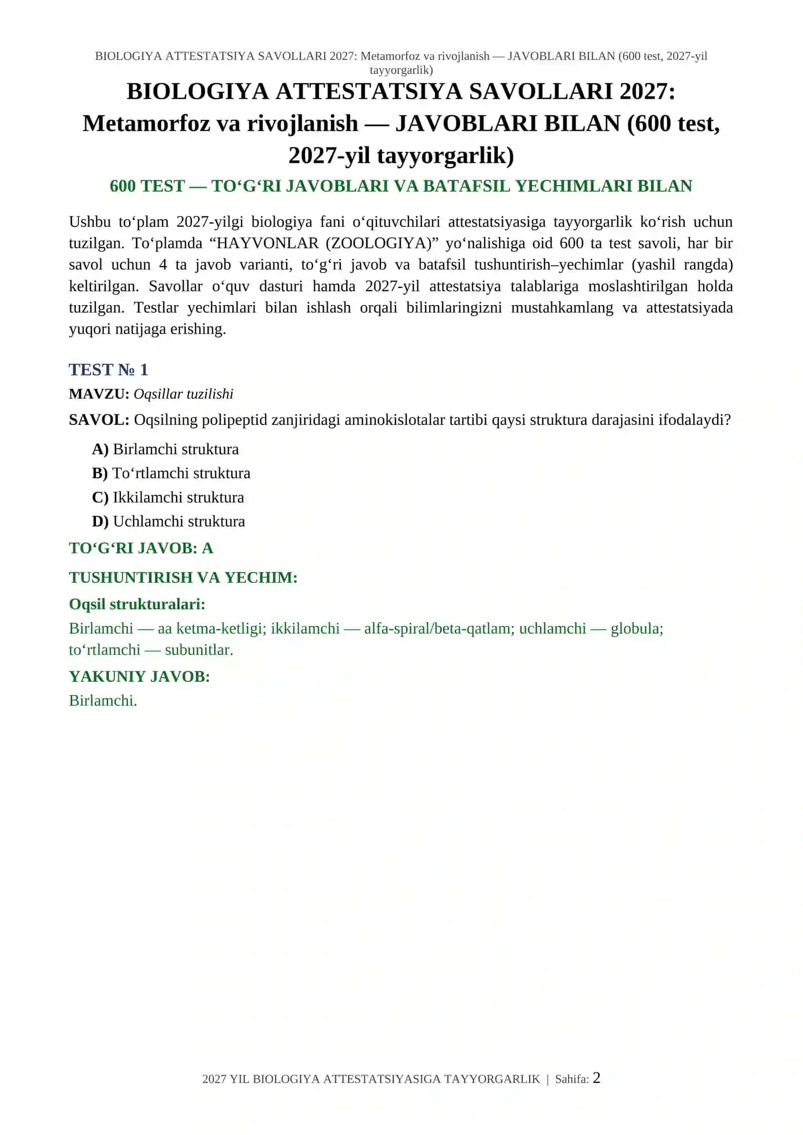 BIOLOGIYA ATTESTATSIYA SAVOLLARI 2027: Metamorfoz va rivojlanish — JAVOBLARI BILAN (600 test, 2027-yil tayyorgarlik) 2