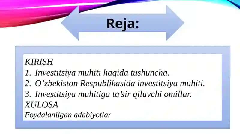 O’ZBEKISTONNING INVESTITSIYA MUHITI VA UNGA TA’SIR QILUVCHI IJOBIY VA SALBIY OMILLAR 2