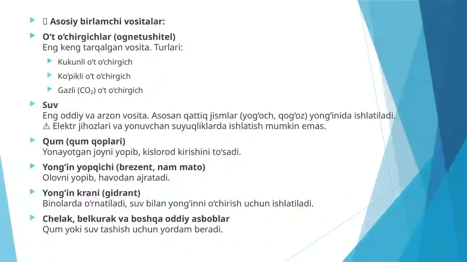 Olov va yong'inlarni o'chirishning asosiy usullari 2