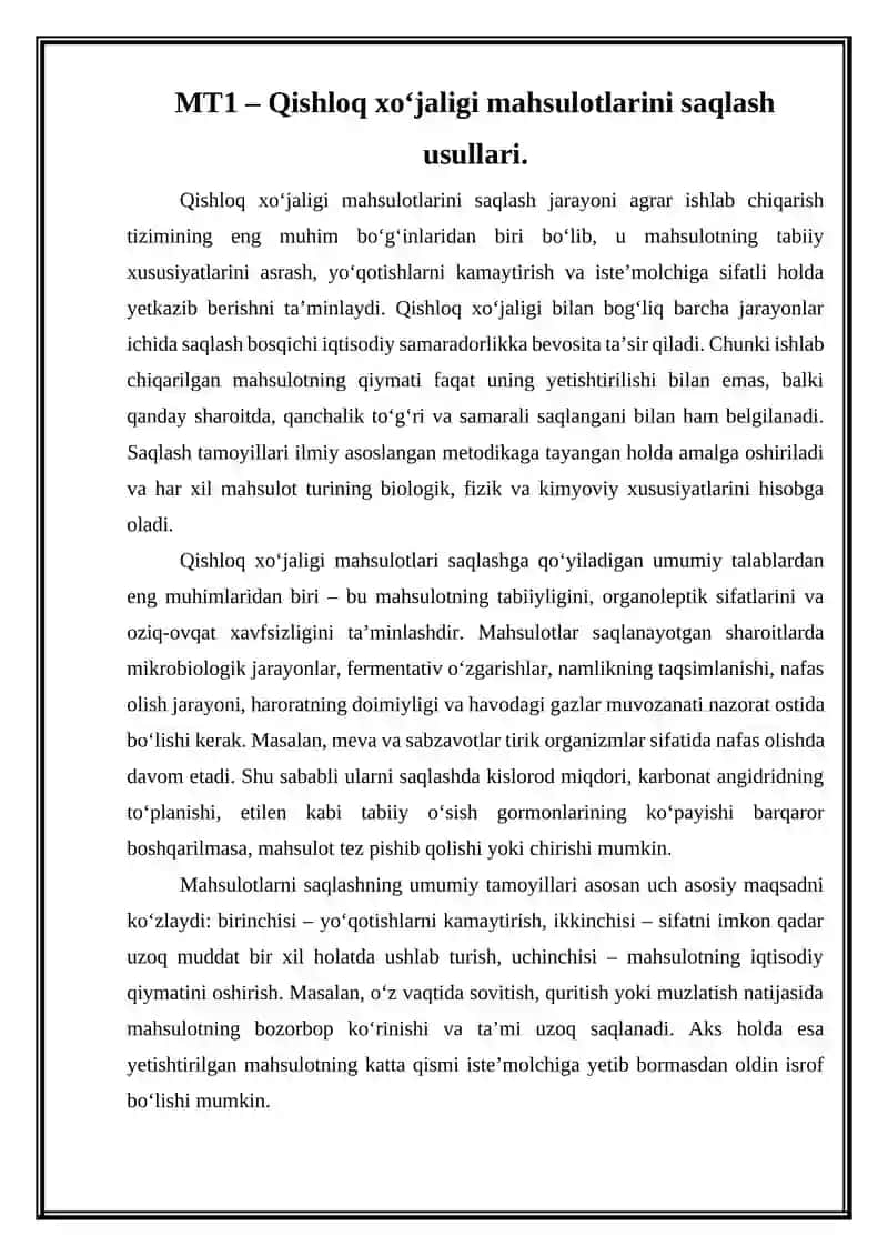 MT1 – Qishloq xo‘jaligi mahsulotlarini saqlash usullari 2