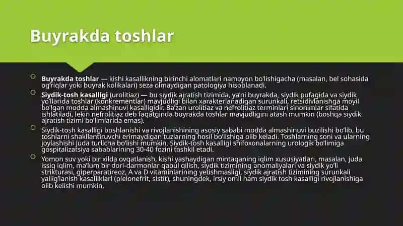 Buyrak vasiydik tosh kasalliklari 2