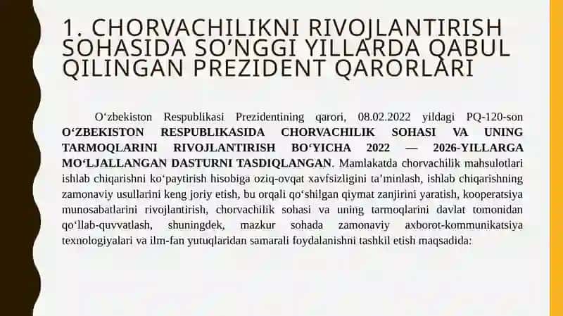Chorvachilikni rivojlantirish sohasida so’nggi yillarda qabul qilingan Prezident qarorlari 2