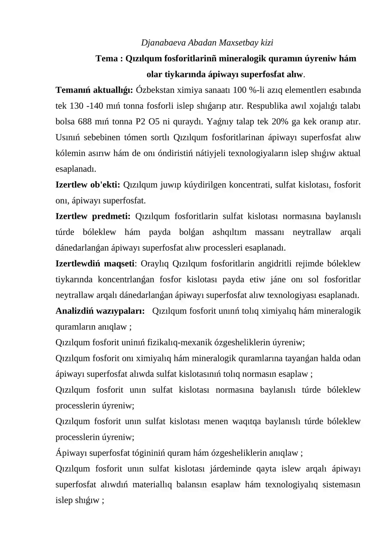 Qizilqum fosforitlerdiǹ mineralogik quramin úyreniw hἀm olar tiykarinda ἀpiwayi superfosfat aliw 2