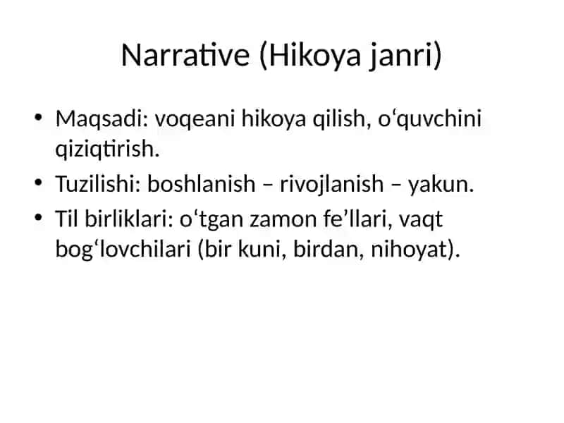 Characteristics of Different Types of Genres / Turli janrlarning xususiyatlari 2
