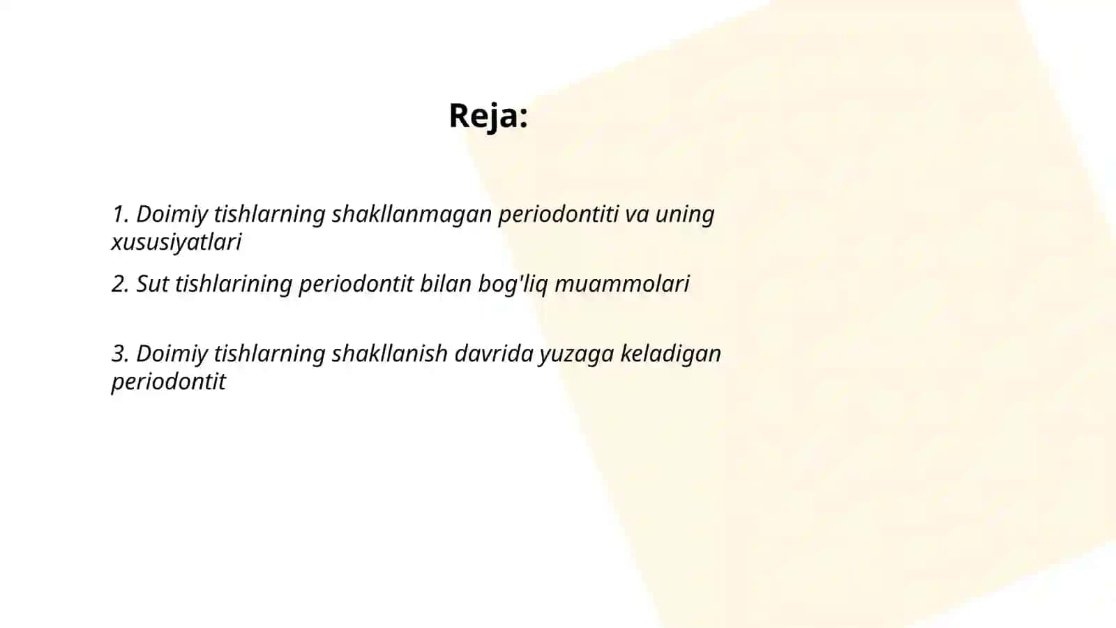 Sut va shakllanmagan doimiy tishlarning periodontitlarning o'ziga xosligi.Periodontitlarni keltirib chiqaruvchi sabablar va shart-sharoitlar 2