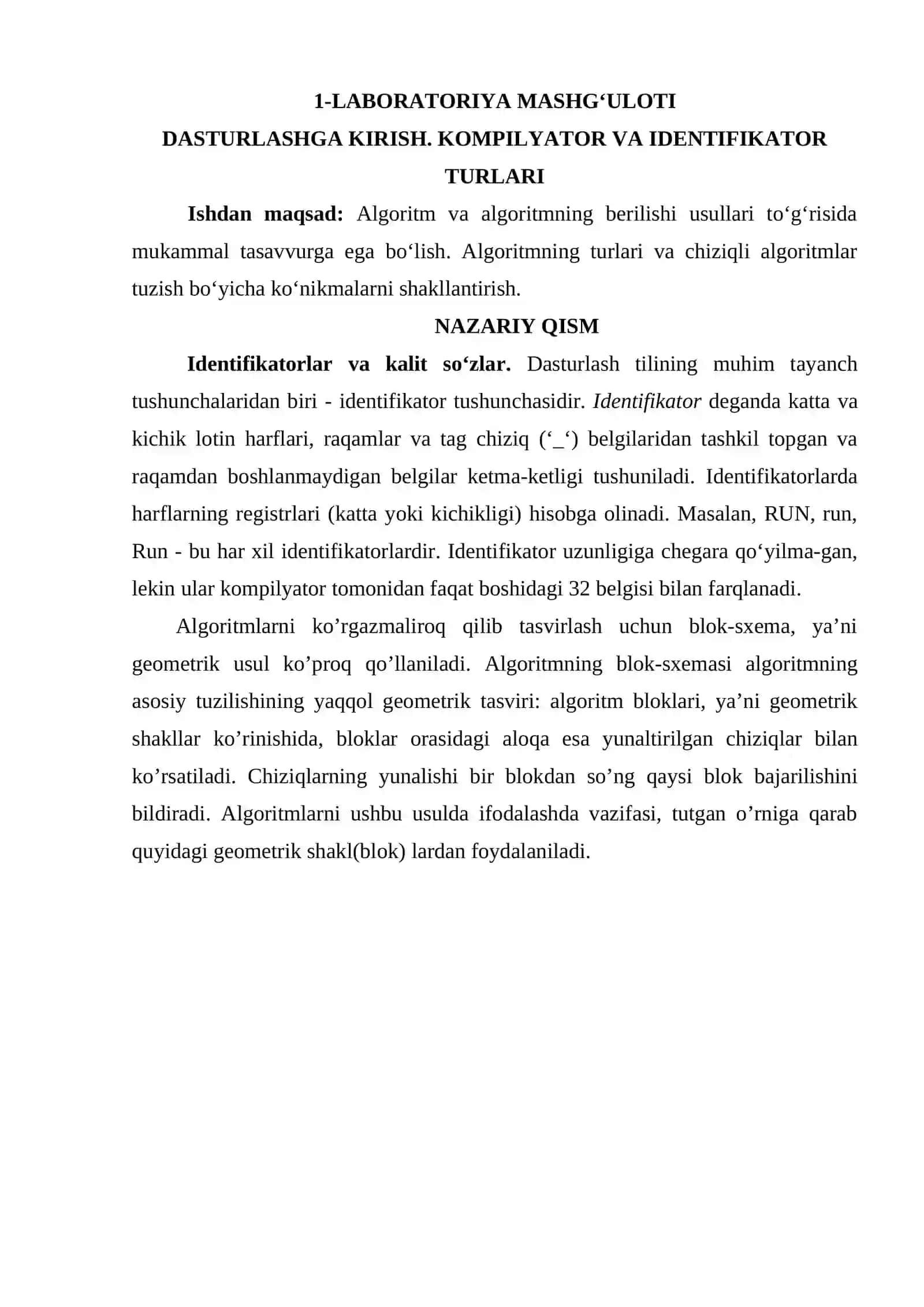 LABORATORIYA MASHG‘ULOTI DASTURLASHGA KIRISH. KOMPILYATOR VA IDENTIFIKATOR TURLARI 2