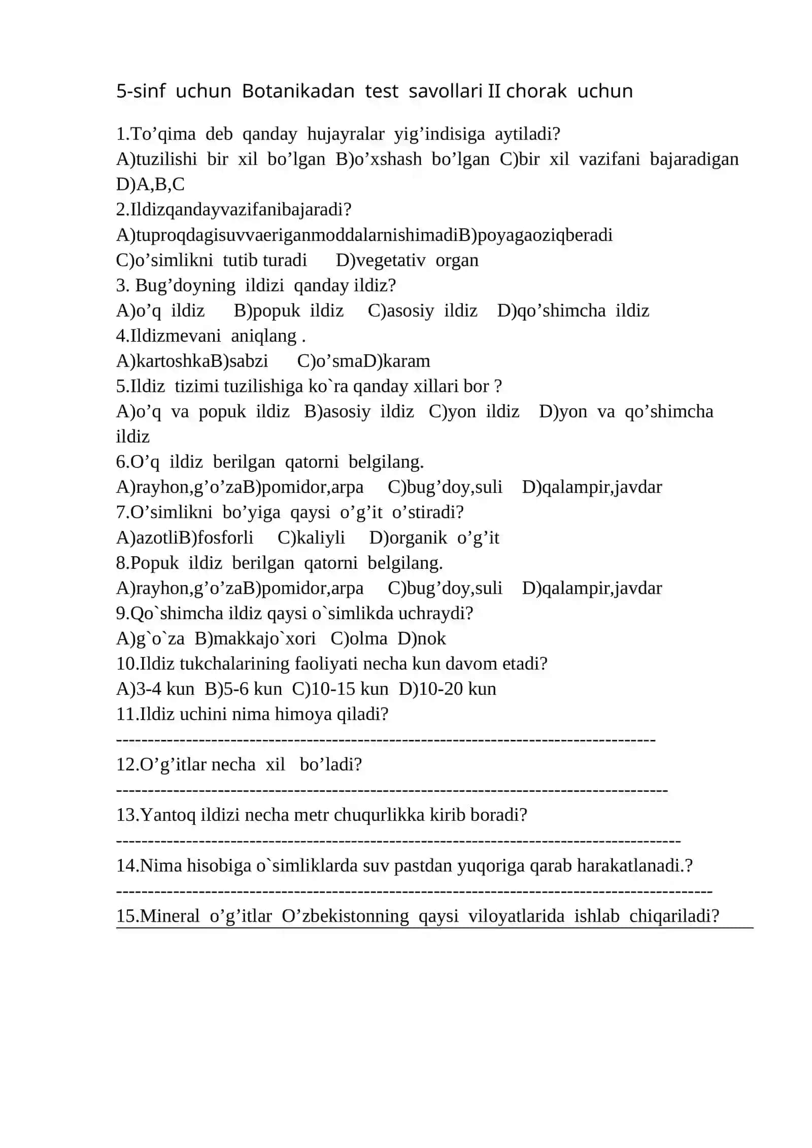 5-sinf botanika I-chorak uchun test savollari 2