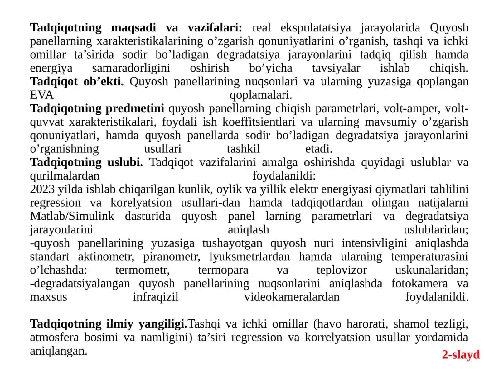 Quyosh panellarning xarakteristikalarining o’zgarish qonuniyatlarini o’rganish va energiya samarador 2