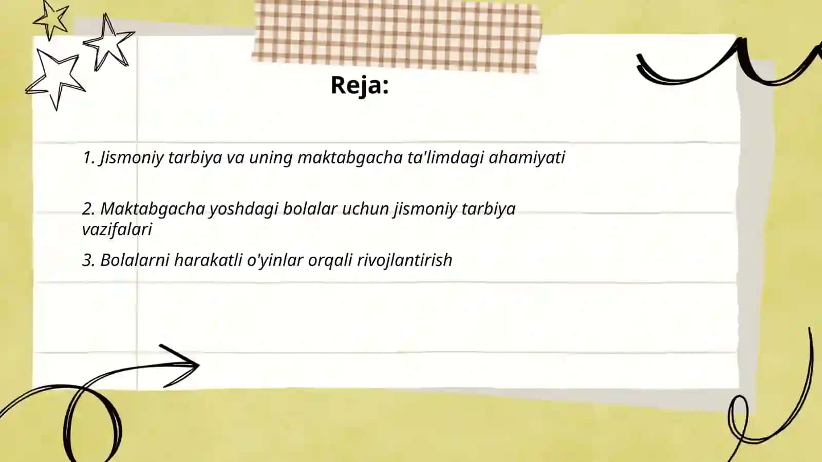 Maktabgacha ta'lim tashkilotida jismoniy tarbiya berish usullari. Ilk va maktabgacha yoshdagi bolalar jismoniy tarbiyasining vazifalari 2