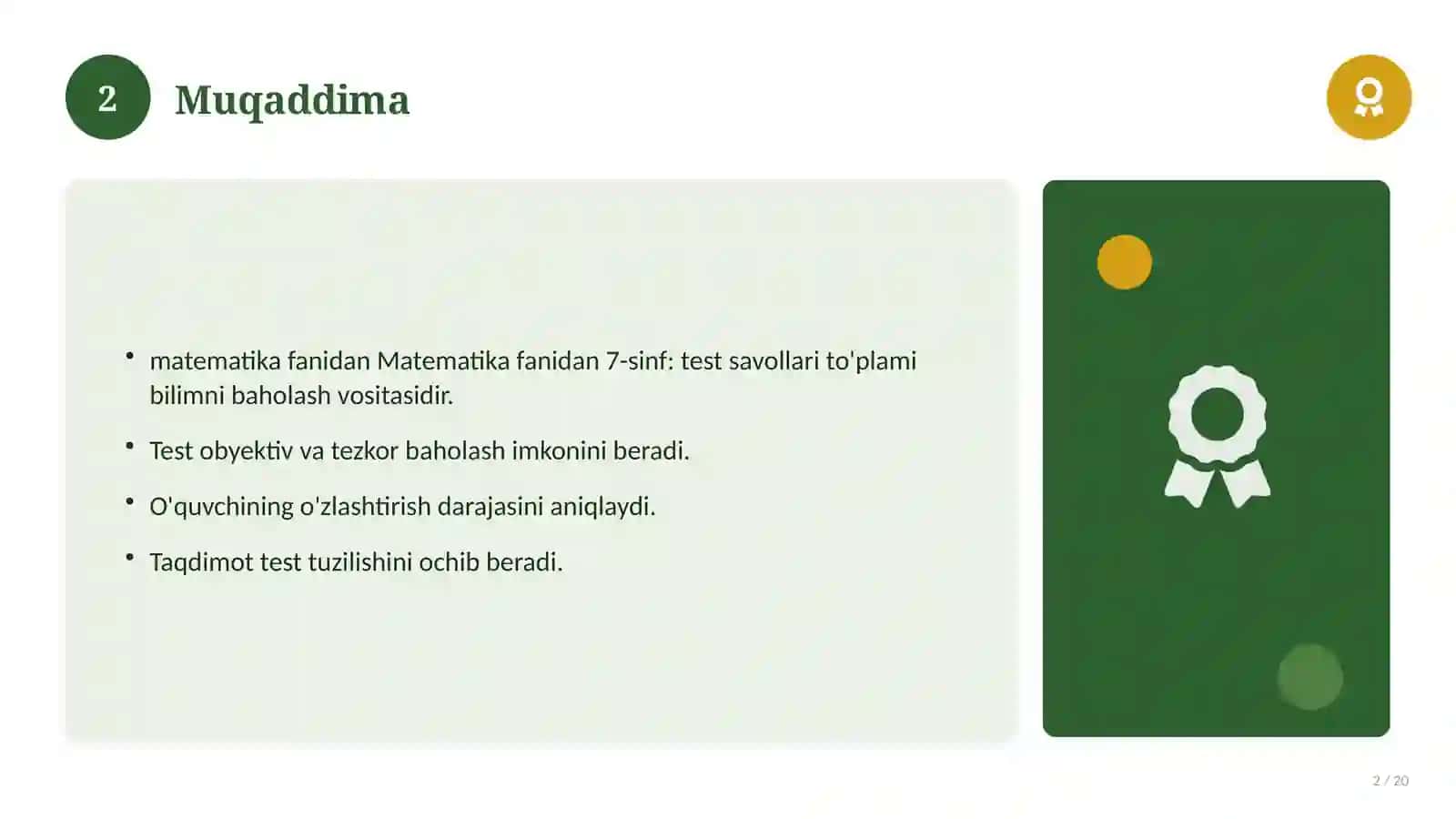 Matematika fanidan 7-sinf: test savollari to'plami 2