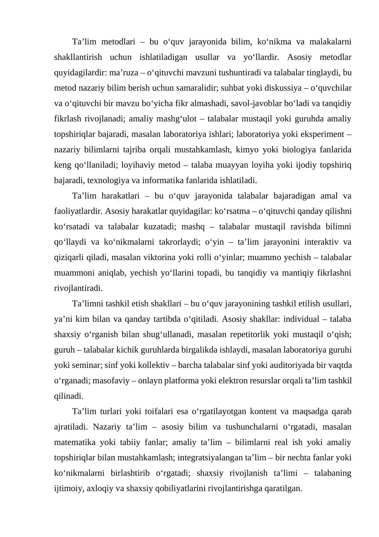 TALIM METODLARI VA HARAKATLAR VA TAʼLIMNI TASHKIL ETISH VA TURLARI 2