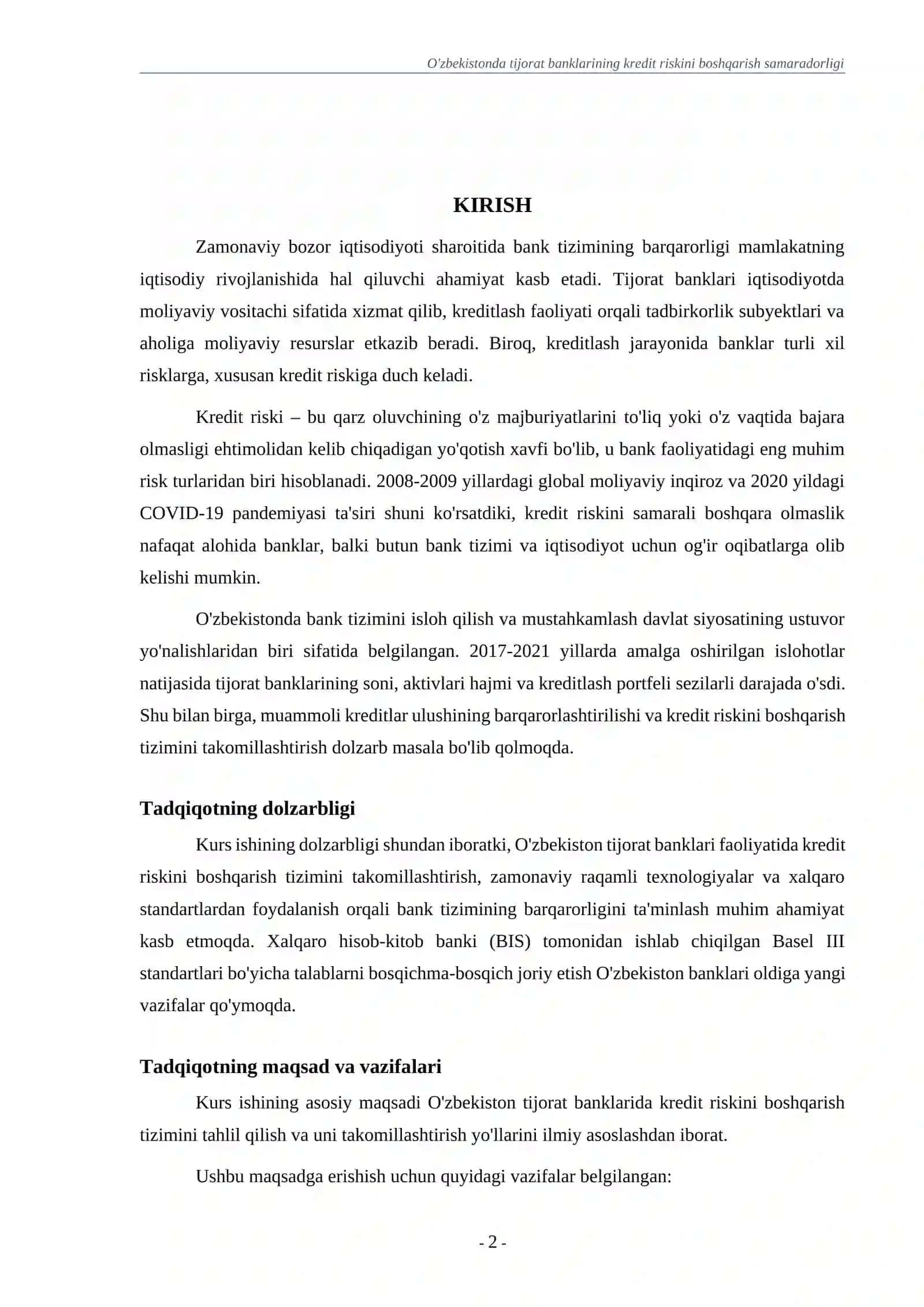 O'ZBEKISTONDA TIJORAT BANKLARINING KREDIT RISKINI BOSHQARISH SAMARADORLIGI 2