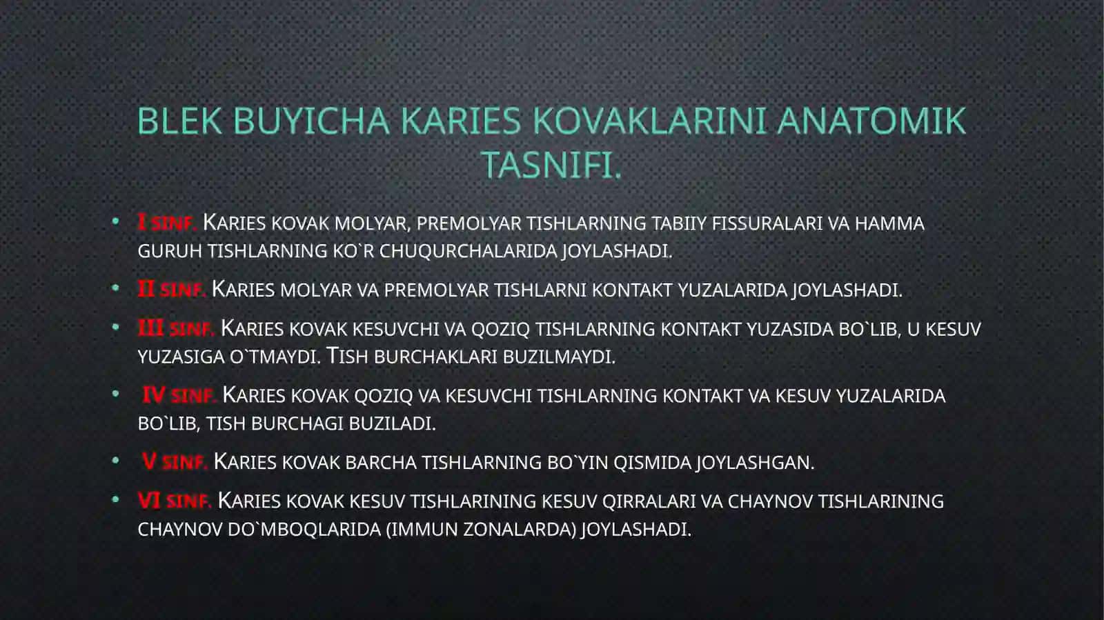 fantom xonalarda  vi sinf karioz bo'shliqlarga shakl berish va plombalash 2