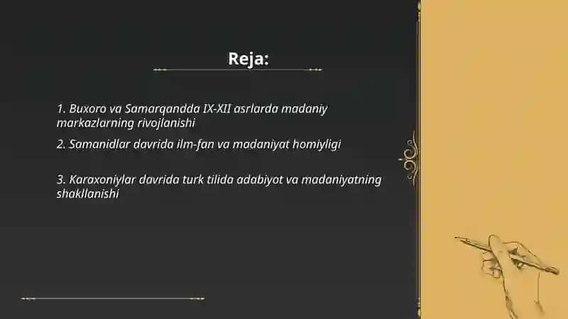 IX-XII asrlarda mamlakatimiz hududida ro‘y bergan madaniy uyg‘onish (Renessans). Buyuk allomalarning jahon sivilizatsiyasiga qo‘shgan hissasi 2