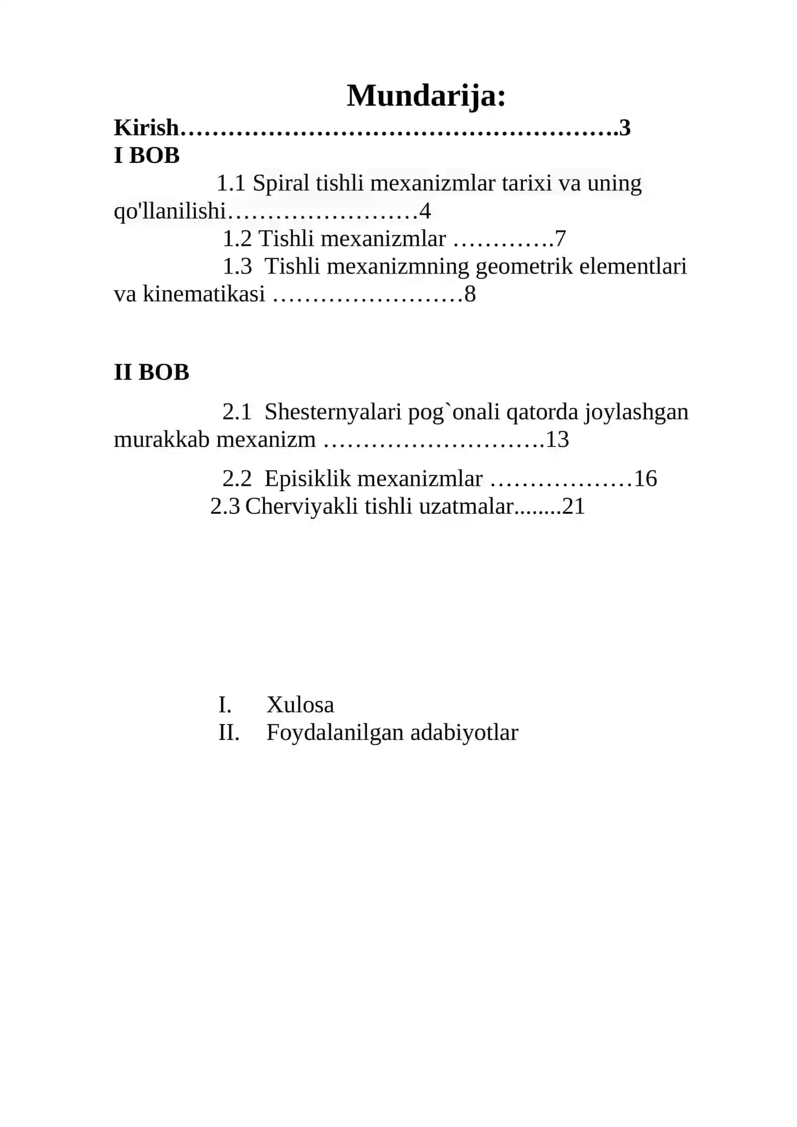KURS ISHI: Tishli mexanizmlar 2