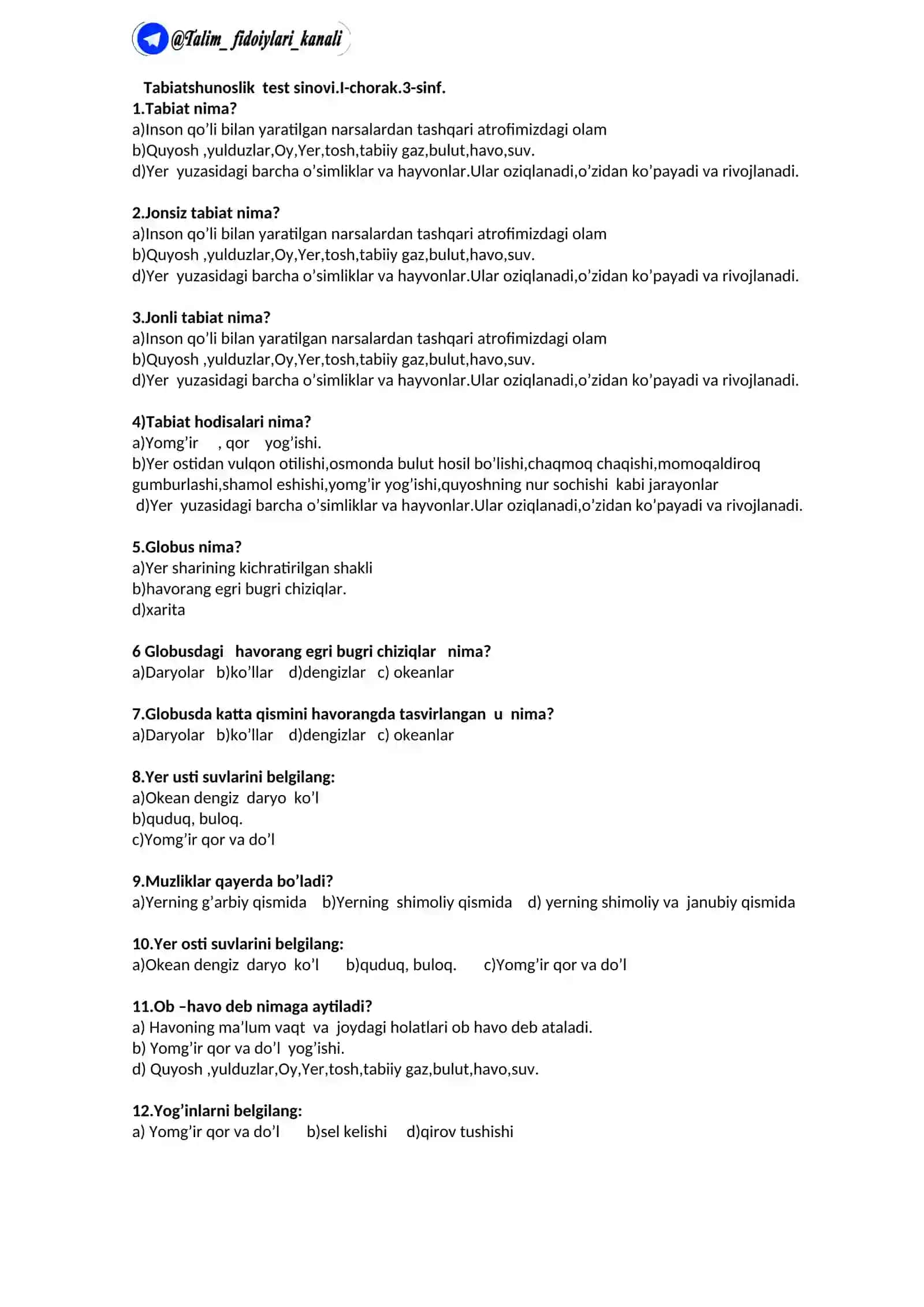 Tabiatshunoslik test sinovi.I-chorak.3-sinf 2