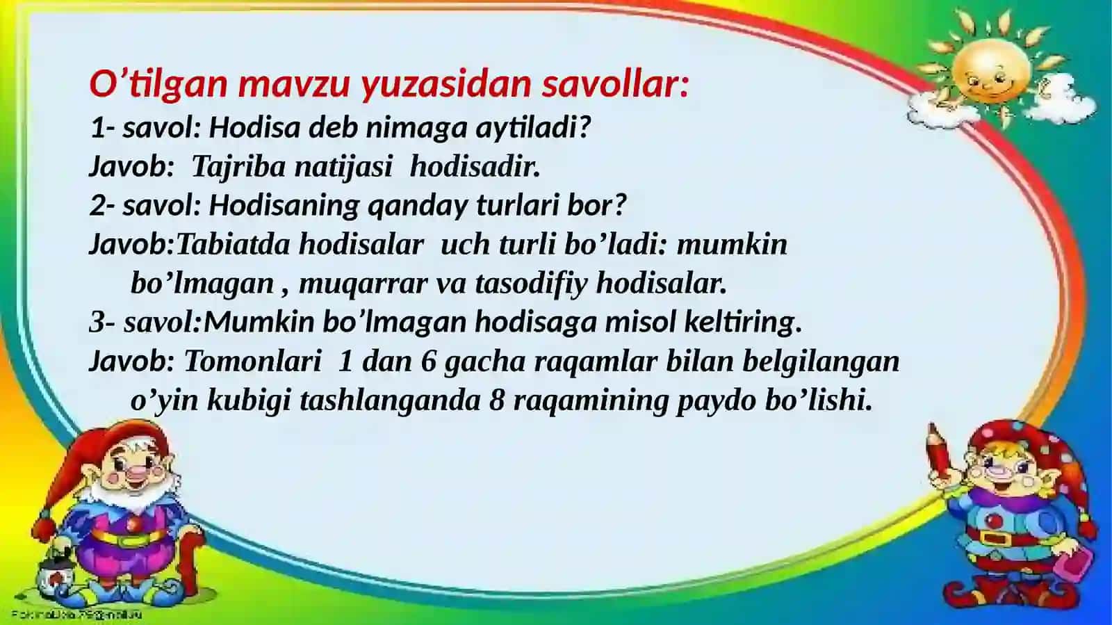 9-sinf Algebra fanidan Hodisaning ehtimolligi mavzusida ochiq dars ishlanma 2