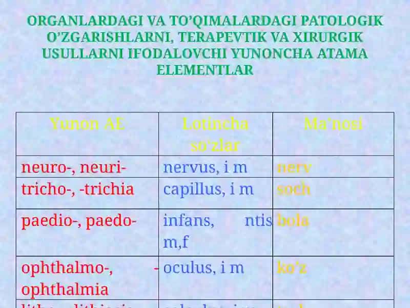 ORGANLARDAGI VA TO’QIMALARDAGI PATOLOGIK O’ZGARISHLARNI, TERAPEVTIK VA XIRURGIK USULLARNI IFODALOVCHI YUNONCHA ATAMA ELEMENTLAR 2