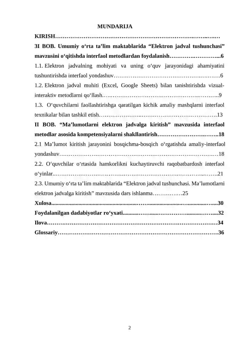 Umumiy o‘rta ta’lim maktablarining 6-sinfda informatika va AT fanidan Elektron jadval tushunchasi. Ma’lumotlarni elektron jadvalga kiritish mavzusini o‘qitishda interfaol metodlardan foydalanish 2