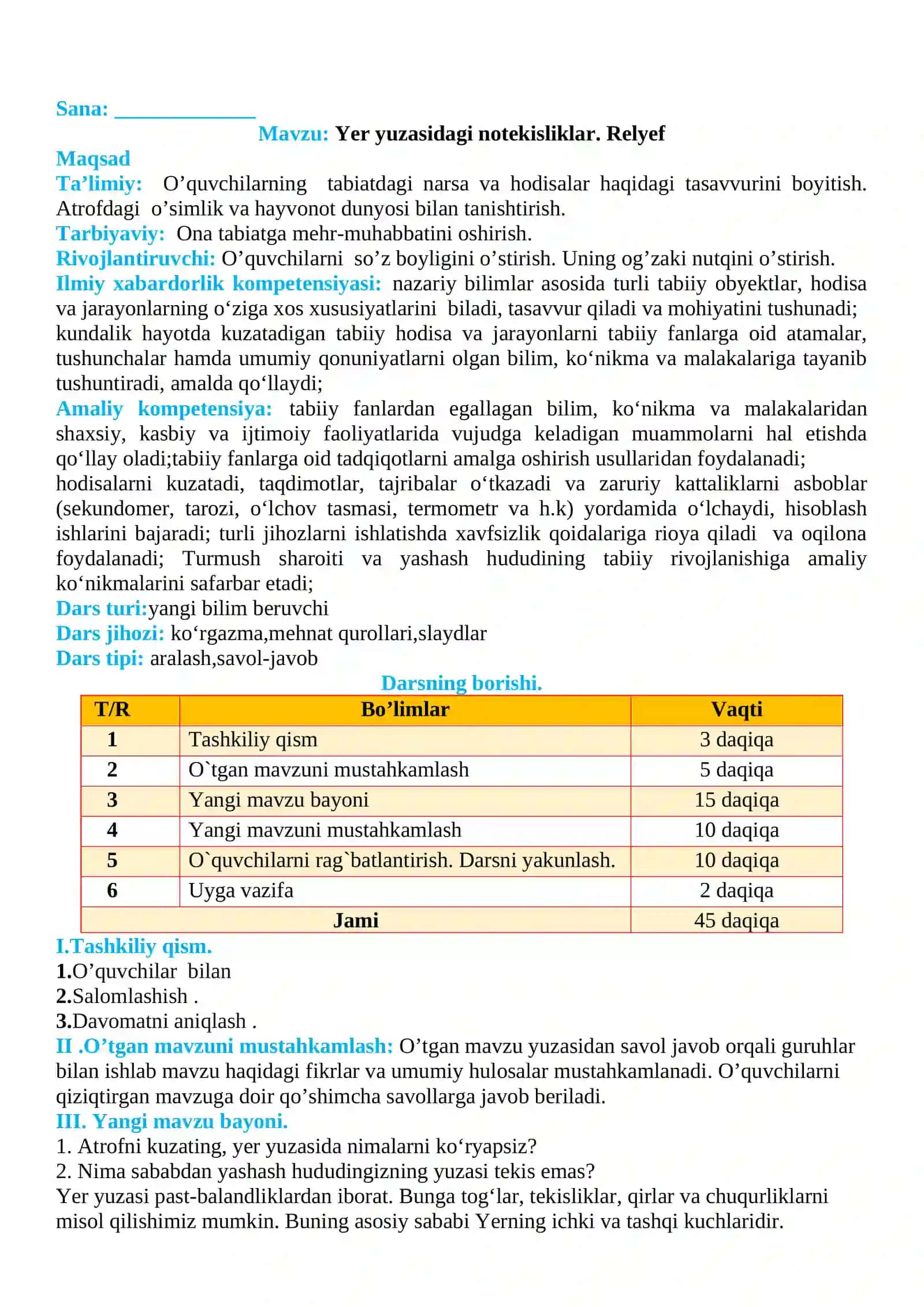 3-sinf Tabiiy fan (Science) Yer yuzasidagi notekisliklar. Relyef dars ishlanma 2