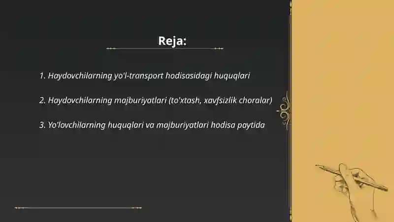 Yo'l transport hodisada ishtirokchilarning huquqlari va majburiyatlari 2