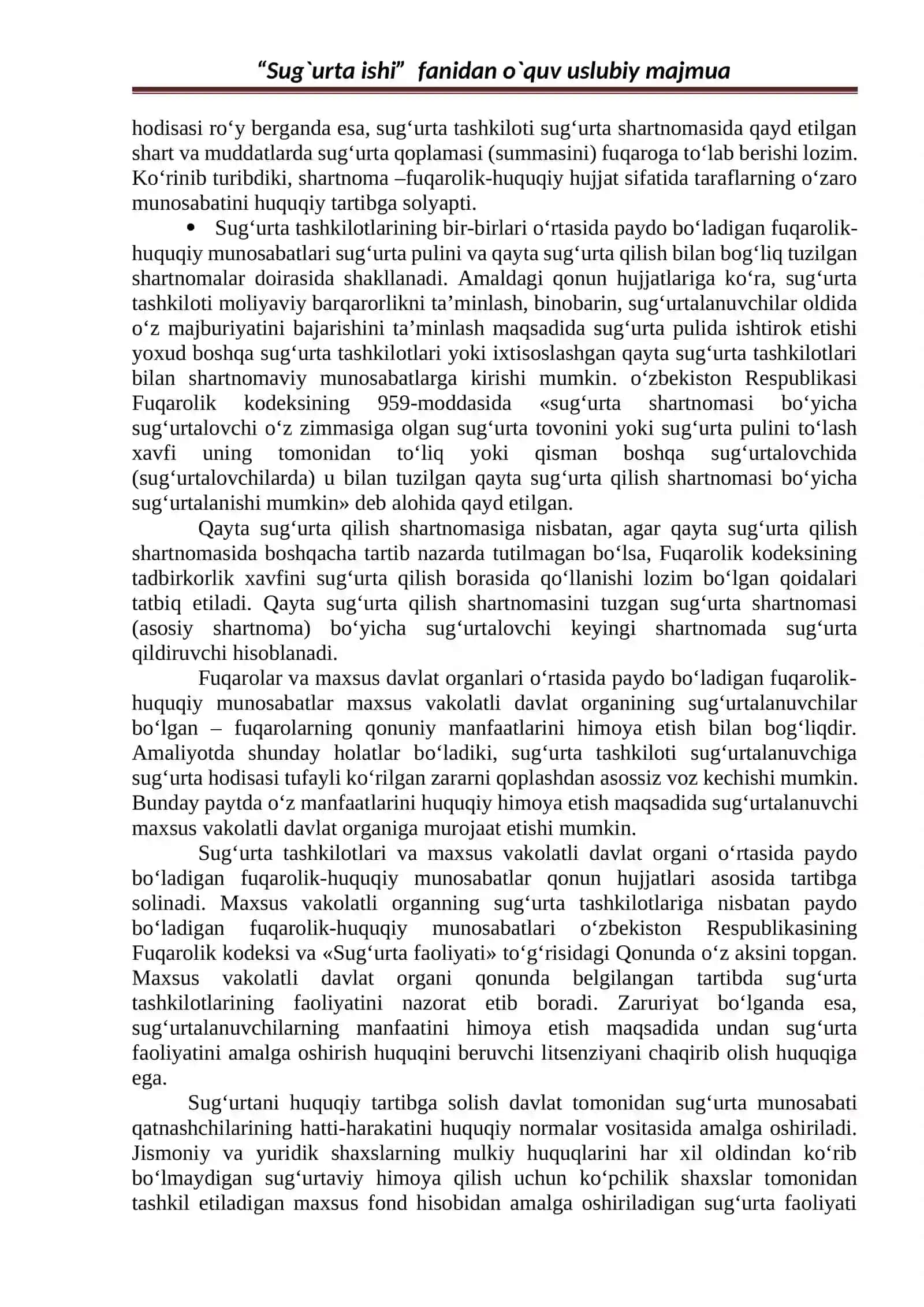 Sug‘urta ishi fanidan o‘quv uslubiy majmua 2