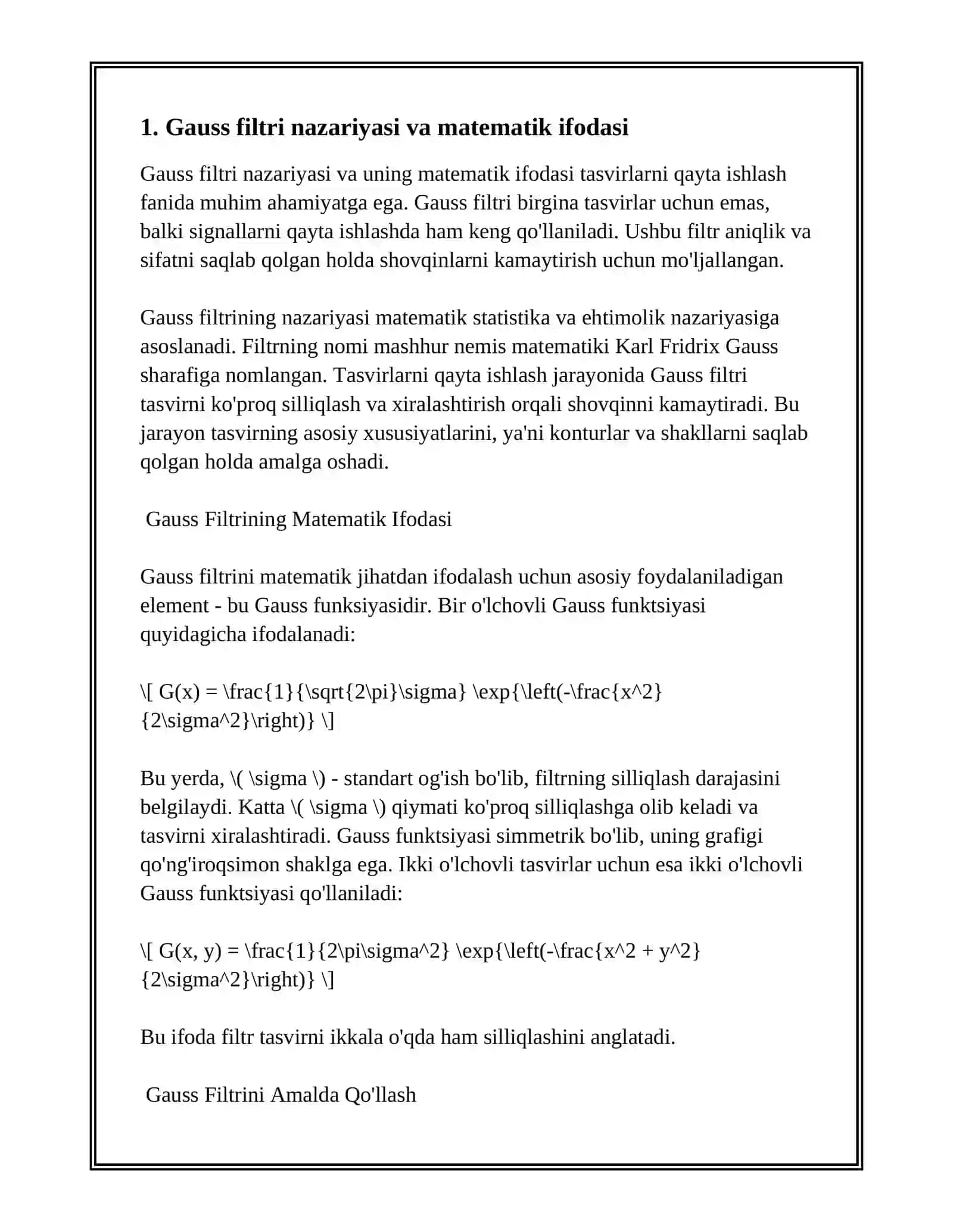 TASVIRLARNI QAYTA ISHLASH FANIDAN. GAUSS FILTRI VA UNING QO'LLANILISHI MAVZUSIDA 2