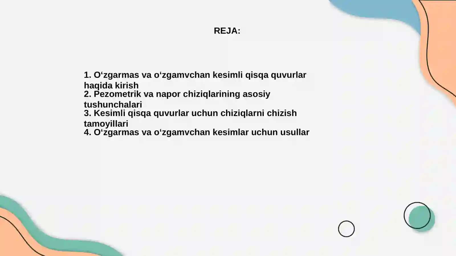 O‘zgarmas va o‘zgamvchan kesimli qisqa quvurlar uchun pezometrik va napor chiziqlarini chizish 2