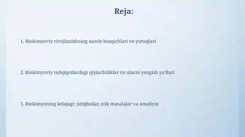 Biokimyoning rivojlanishi muammolari va yutuqlarini misollar bilan tushuntirish 2