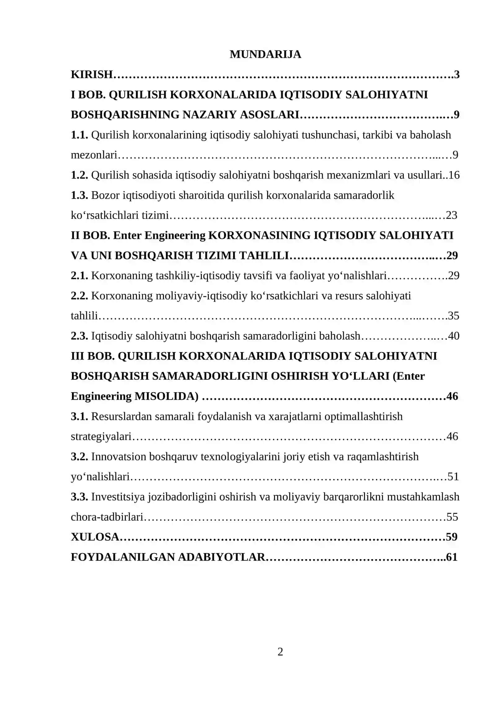Qurilish korxonalarining iqtisodiy salohiyatini boshqarish samaradorligini oshirish yo‘llari (Enter Engineering korxonasi misolida) 2