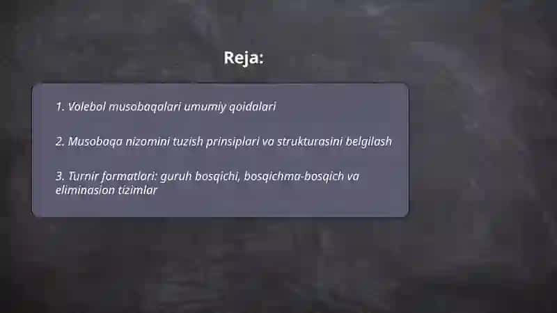 Sport musobaqalari qoidalari va o'tkazish usullari. Volebol sport turi bo'yicha musobaqa nizomini tuzish 2