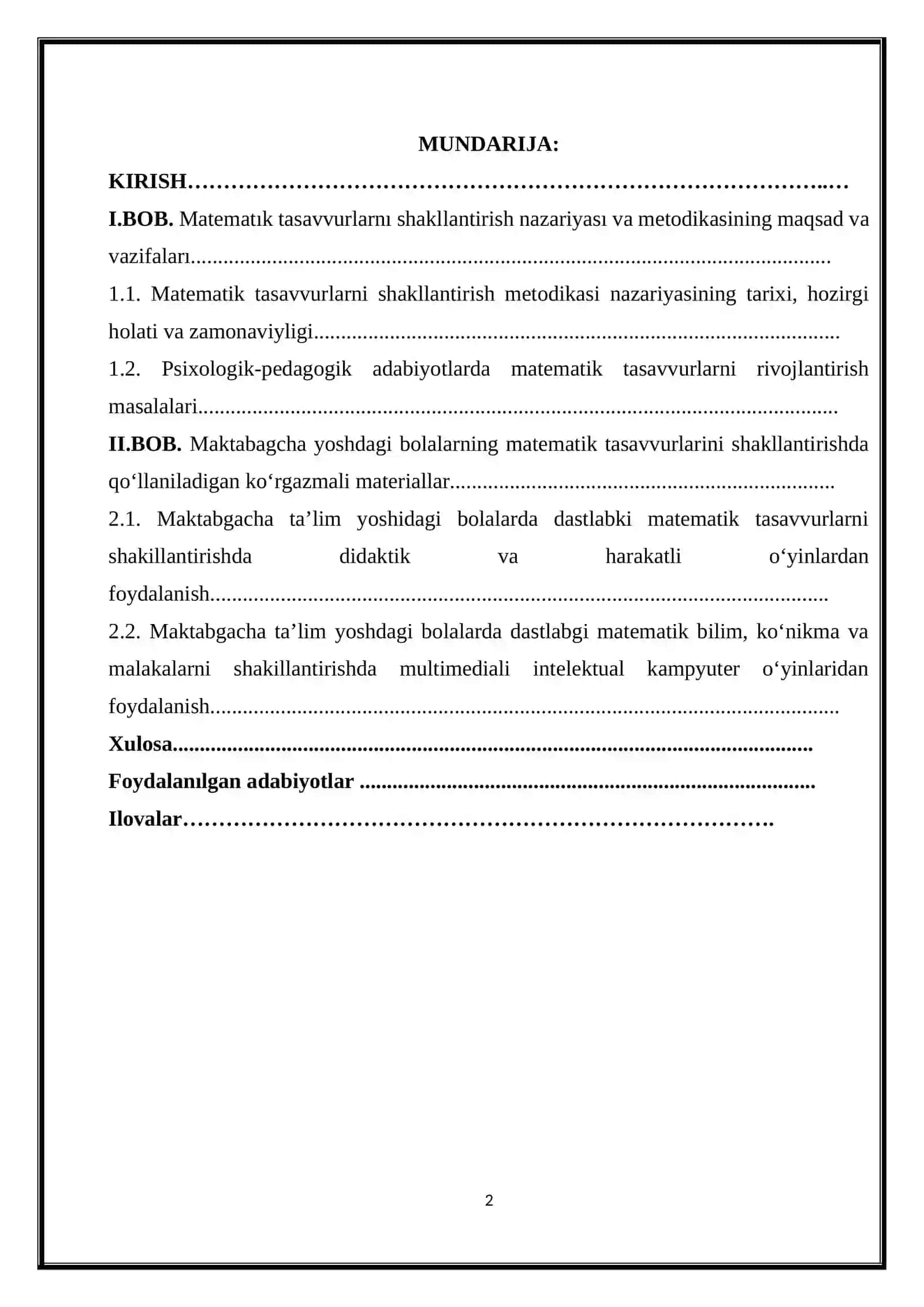 BOLALARDA ELEMENTAR MATEMATIK TASAVVURLARNI SHAKILLANTIRISH 2